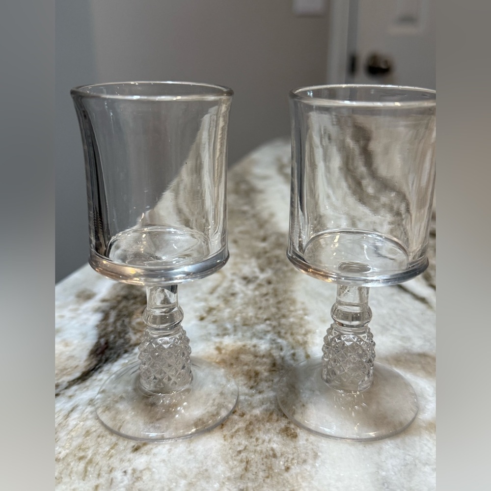 Vintage Pressed Glass Cordial Goblets Pair, 4.25” Diamond Cut Stems liqueurs